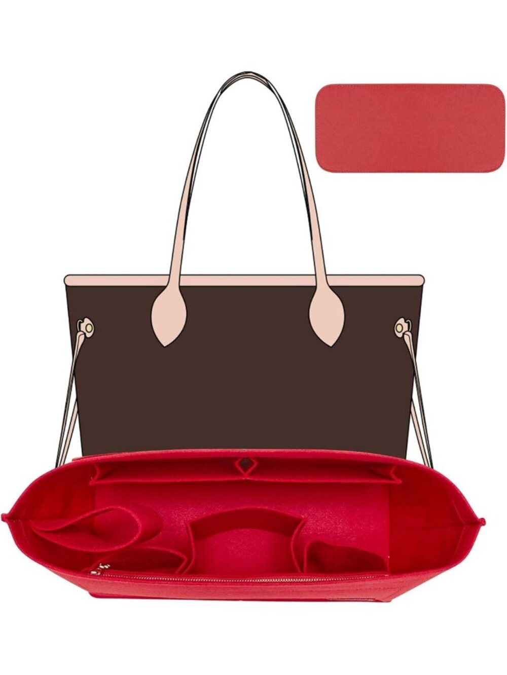 XL Red Felt Purse Organizer Insert for Tote Handbags, Base Shaper & Liner